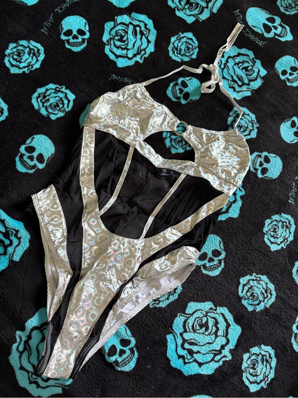 Roma Silver Holographic and Black Cutout One-Piece Swimsuit